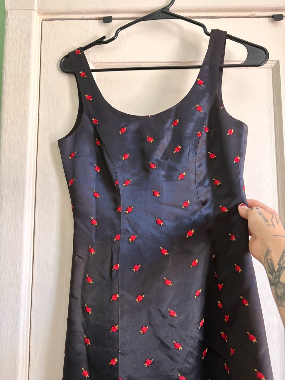 Rare! Vintage Betsey Johnson Black Satin Mini Dress with Red Rose Embroidery - Picture 7 of 11